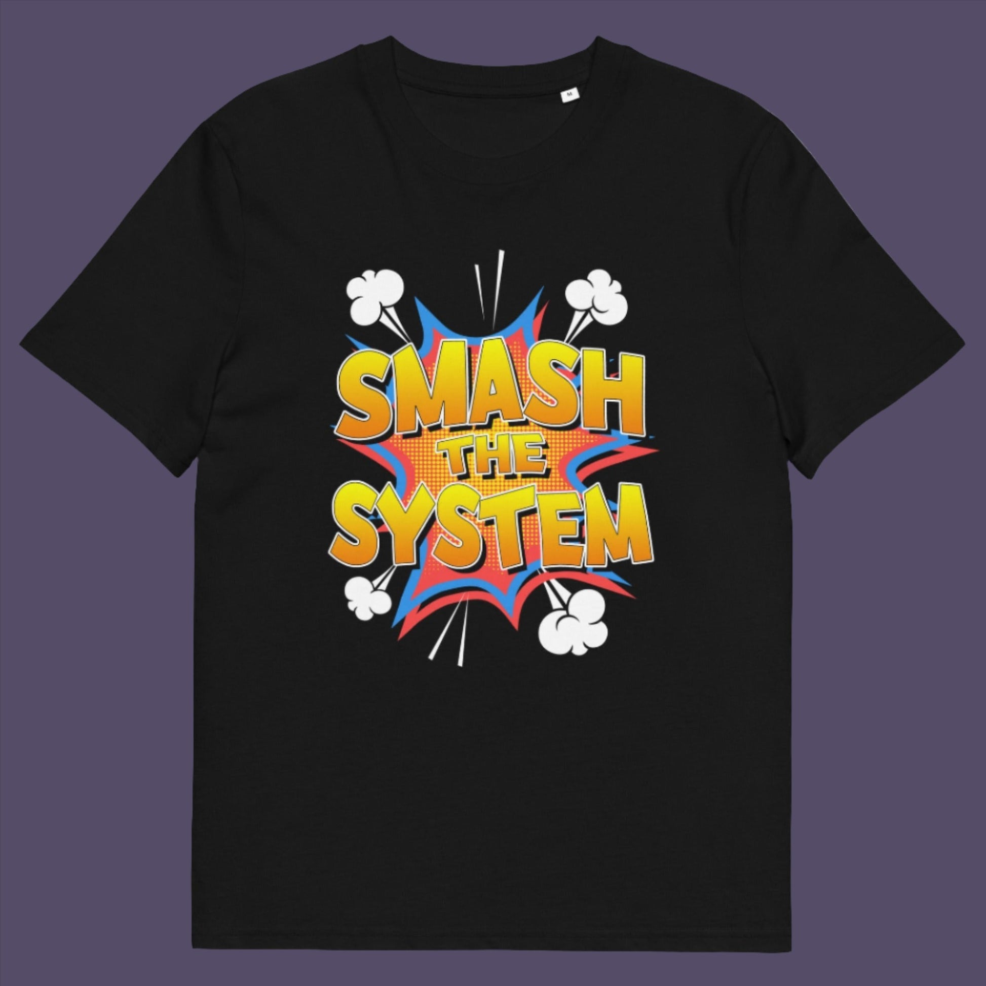 Black t-shirt. A funny political t-shirt in a comic book style. A unique design for all you politically impatient comic book fans. Made from 100% organic ring-spun cotton, this humorous political t-shirt is unisex, high-quality, super comfy, and best of all, eco-friendly.