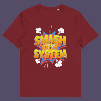Burgundy t-shirt. A funny political t-shirt in a comic book style. A unique design for all you politically impatient comic book fans. Made from 100% organic ring-spun cotton, this humorous political t-shirt is unisex, high-quality, super comfy, and best of all, eco-friendly.