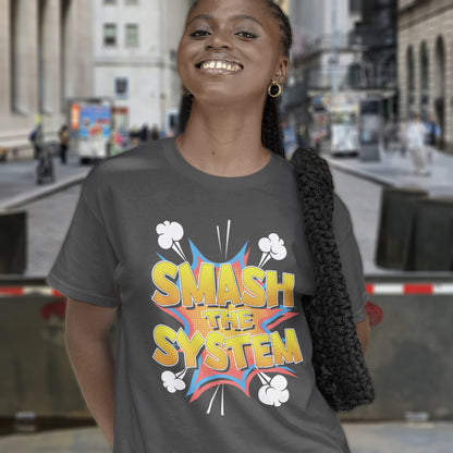Person wearing a t-shirt with 'SMASH THE SYSTEM' design in an urban setting. An anti government t shirt in a comic book style. A unique design for all you politically impatient comic book fans. Made from 100% organic ring-spun cotton, this non conformist t shirt is unisex, high-quality, super comfy, and best of all, eco-friendly.