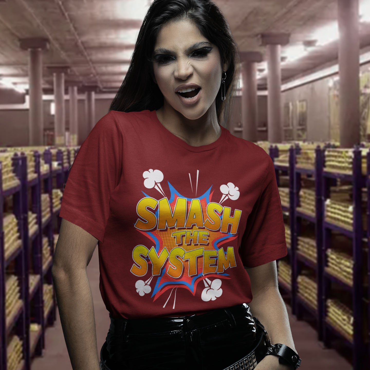 Person wearing a red t-shirt with 'SMASH THE SYSTEM' text in a Bank vault. An anti government t shirt in a comic book style. A unique design for all you politically impatient comic book fans. Made from 100% organic ring-spun cotton, this non conformist t shirt is unisex, high-quality, super comfy, and best of all, eco-friendly.
