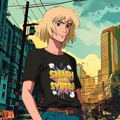 Cartoon Person wearing a black t-shirt with 'Smash the System' text in an urban setting. A funny political t-shirt in a comic book style. A unique design for all you politically impatient comic book fans. Made from 100% organic ring-spun cotton, this humorous political t-shirt is unisex, high-quality, super comfy, and best of all, eco-friendly.