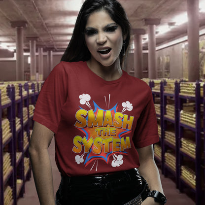 Person wearing a red t-shirt with 'SMASH THE SYSTEM' text in a Bank vault. A funny political t-shirt in a comic book style. A unique design for all you politically impatient comic book fans. Made from 100% organic ring-spun cotton, this humorous political t-shirt is unisex, high-quality, super comfy, and best of all, eco-friendly.