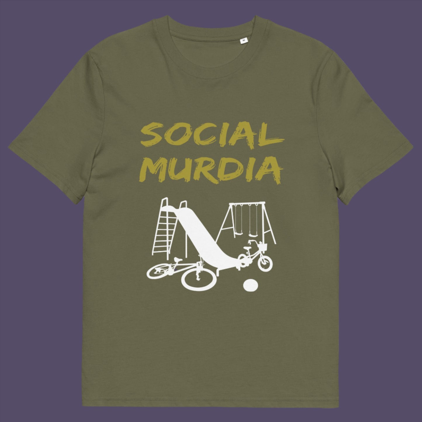 Khaki t-shirt. This counterculture t-shirt promoting social awareness of the effect of social media on our children. A unique design depicting how social media is probably murdering our society and leaving our playgrounds empty. Made from 100% organic ring-spun cotton, this anti-mobile phone t-shirt is unisex, high-quality, super comfy, and best of all, eco-friendly.