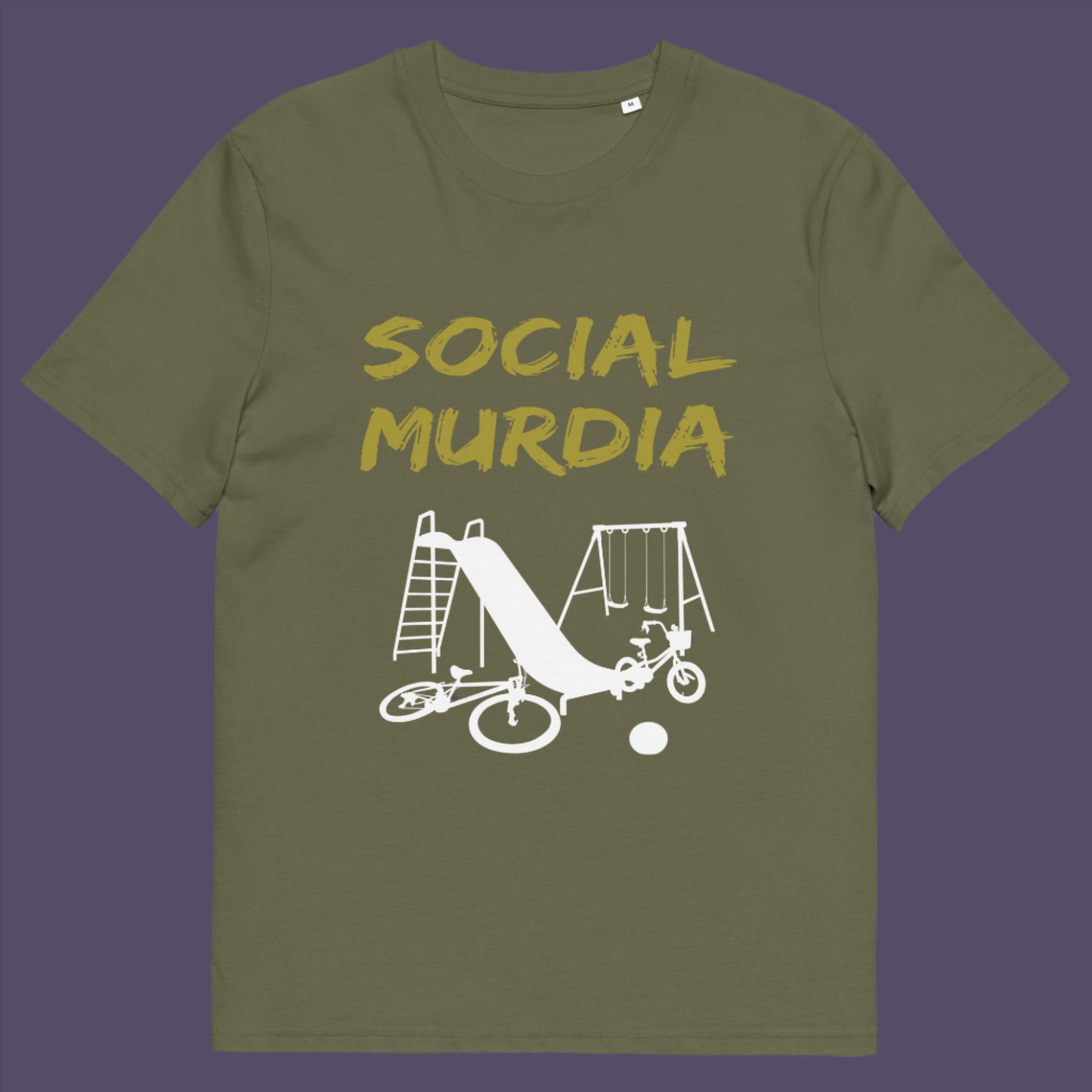 Khaki t-shirt. This counterculture t-shirt promoting social awareness of the effect of social media on our children. A unique design depicting how social media is probably murdering our society and leaving our playgrounds empty. Made from 100% organic ring-spun cotton, this anti-mobile phone t-shirt is unisex, high-quality, super comfy, and best of all, eco-friendly.