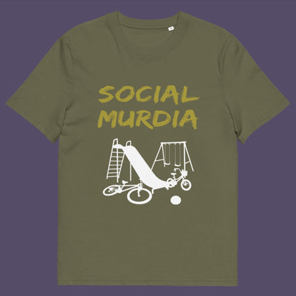 Khaki t-shirt. This counterculture t-shirt promoting social awareness of the effect of social media on our children. A unique design depicting how social media is probably murdering our society and leaving our playgrounds empty. Made from 100% organic ring-spun cotton, this anti-mobile phone t-shirt is unisex, high-quality, super comfy, and best of all, eco-friendly.