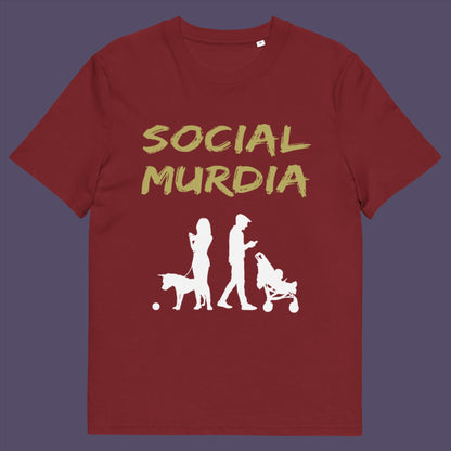 Burgundy t-shirt. An anti-social media t-shirt arguing against the abuse of social media and mobile phones. The main aim of social media is to connect people, but it doesn't look like that from street level. This anti-mobile phone design suggests society is actually being murdered by media on mobiles. Made from 100% organic ring-spun cotton, this social awareness t-shirt is unisex, high-quality, super comfy, and best of all, eco-friendly.