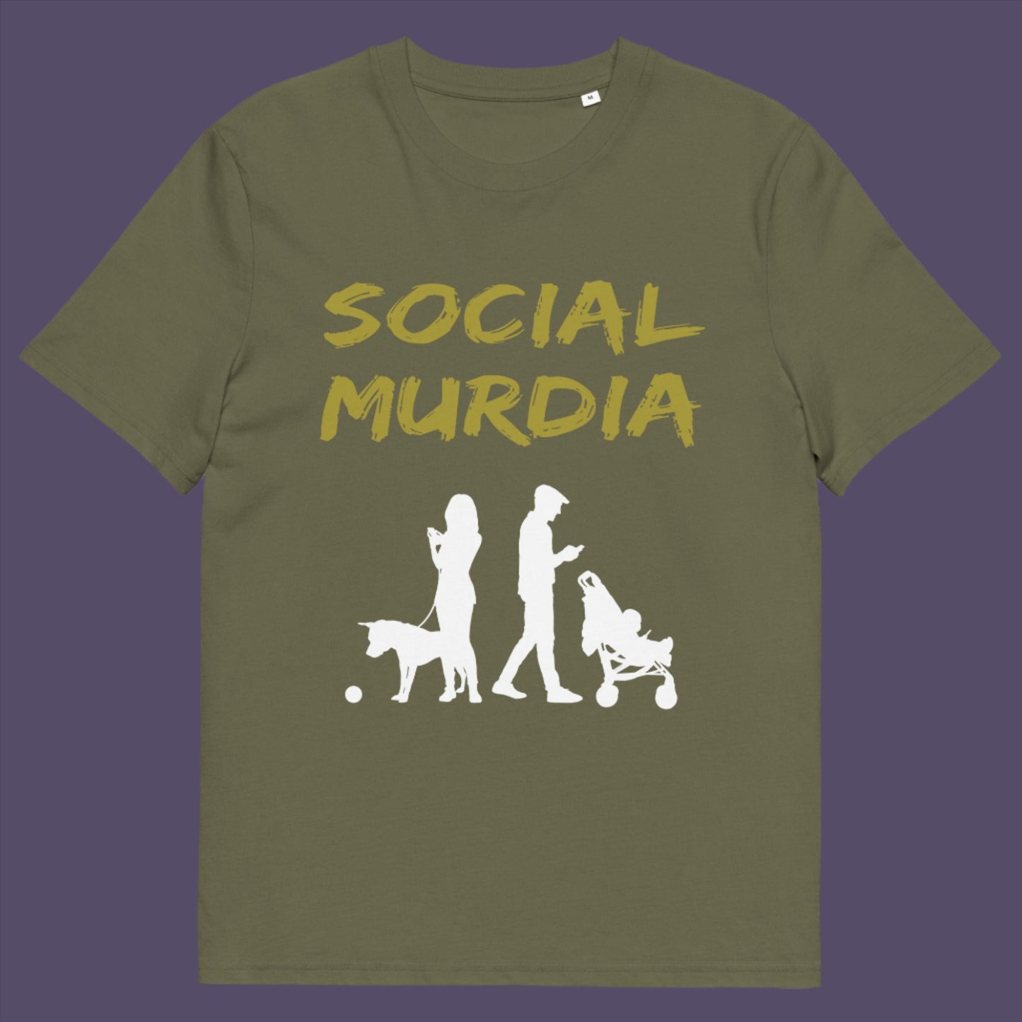 Khaki t-shirt. An anti-social media t-shirt arguing against the abuse of social media and mobile phones. The main aim of social media is to connect people, but it doesn't look like that from street level. This anti-mobile phone design suggests society is actually being murdered by media on mobiles. Made from 100% organic ring-spun cotton, this social awareness t-shirt is unisex, high-quality, super comfy, and best of all, eco-friendly.