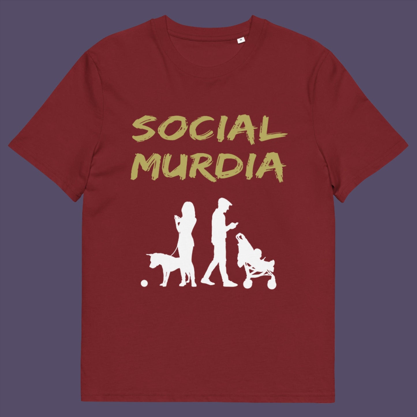 Burgundy t-shirt. An anti-social media t-shirt arguing against the abuse of social media and mobile phones. The main aim of social media is to connect people, but it doesn't look like that from street level. This anti-mobile phone design suggests society is actually being murdered by media on mobiles. Made from 100% organic ring-spun cotton, this social awareness t-shirt is unisex, high-quality, super comfy, and best of all, eco-friendly.