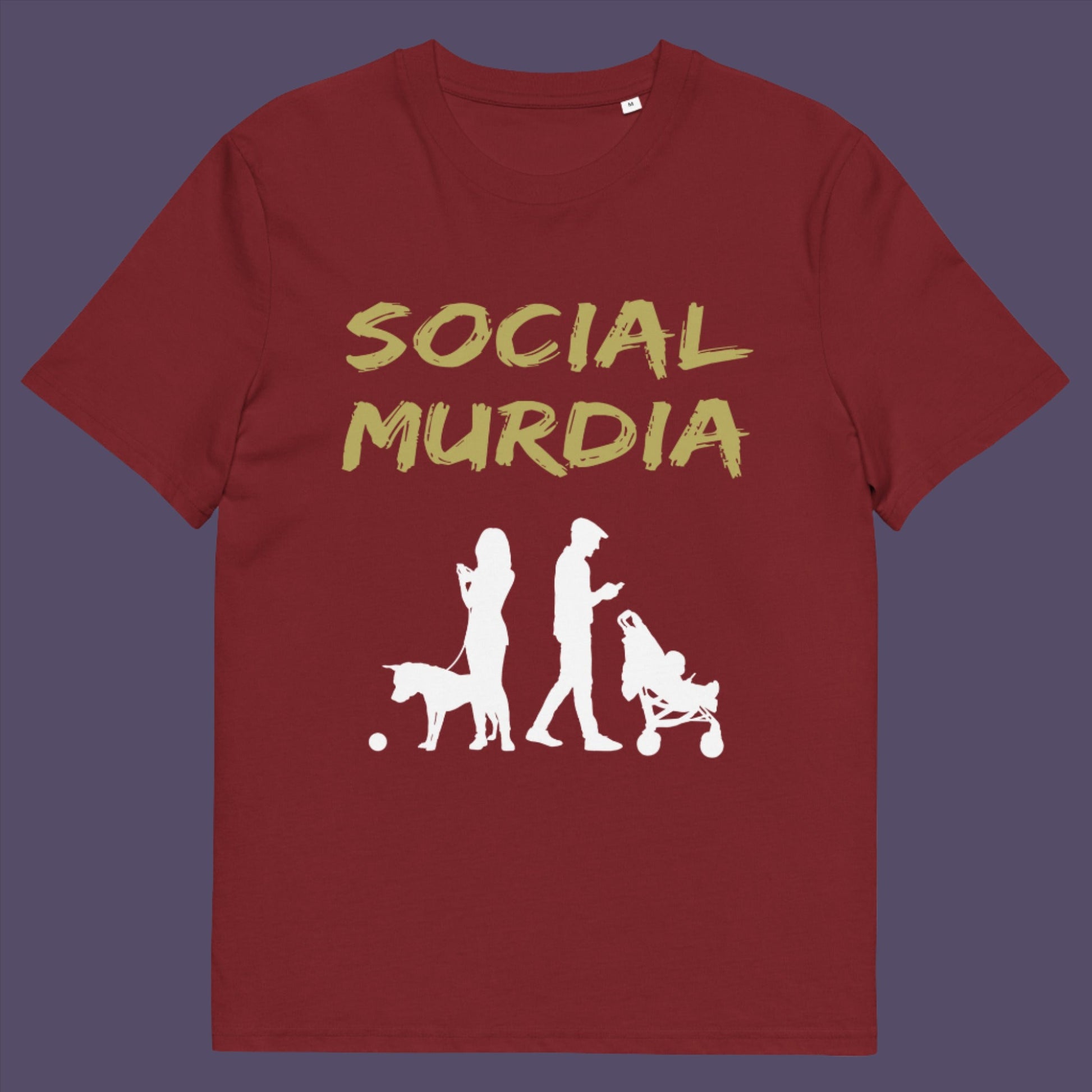 Burgundy t-shirt. An anti-social media t-shirt arguing against the abuse of social media and mobile phones. The main aim of social media is to connect people, but it doesn't look like that from street level. This anti-mobile phone design suggests society is actually being murdered by media on mobiles. Made from 100% organic ring-spun cotton, this social awareness t-shirt is unisex, high-quality, super comfy, and best of all, eco-friendly.