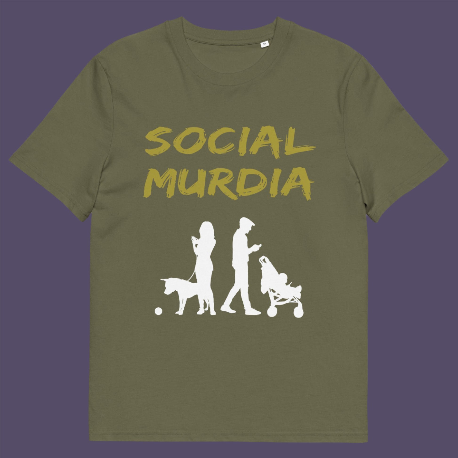 Khaki t-shirt. An anti-social media t-shirt arguing against the abuse of social media and mobile phones. The main aim of social media is to connect people, but it doesn't look like that from street level. This anti-mobile phone design suggests society is actually being murdered by media on mobiles. Made from 100% organic ring-spun cotton, this social awareness t-shirt is unisex, high-quality, super comfy, and best of all, eco-friendly.