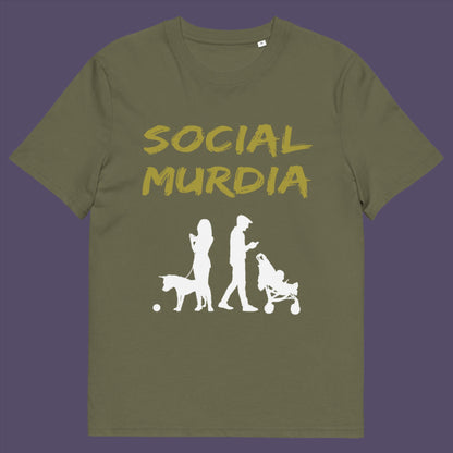 Khaki t-shirt. An anti-social media t-shirt arguing against the abuse of social media and mobile phones. The main aim of social media is to connect people, but it doesn't look like that from street level. This anti-mobile phone design suggests society is actually being murdered by media on mobiles. Made from 100% organic ring-spun cotton, this social awareness t-shirt is unisex, high-quality, super comfy, and best of all, eco-friendly.