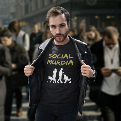 Man wearing a black t-shirt with 'SOCIAL MURDIA' text. An anti-social media t-shirt arguing against the abuse of social media and mobile phones. The main aim of social media is to connect people, but it doesn't look like that from street level. This anti-mobile phone design suggests society is actually being murdered by media on mobiles. Made from 100% organic ring-spun cotton, this social awareness t-shirt is unisex, high-quality, super comfy, and best of all, eco-friendly.
