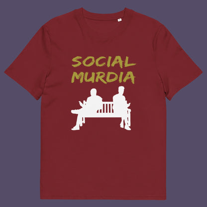 Burgundy t-shirt. An anti-social media t-shirt arguing against the abuse of social media and mobile phones. The main aim of social media is to connect people, but it doesn't look like that from street level. This anti-mobile phone design suggests society is actually being murdered by media on mobiles. Made from 100% organic ring-spun cotton, this anti-social media t-shirt is unisex, high-quality, super comfy, and best of all, eco-friendly.