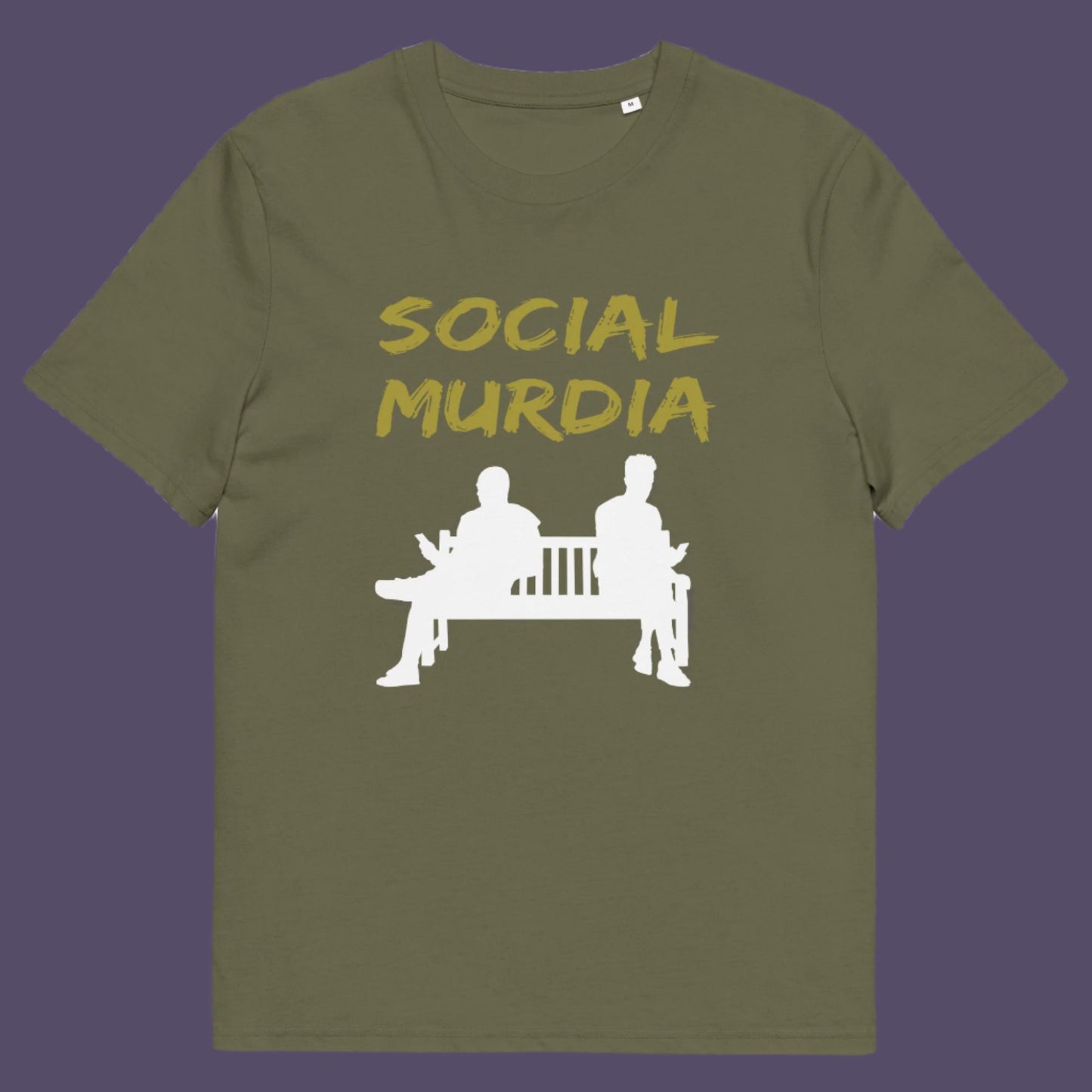 Khaki t-shirt. An anti-social media t-shirt arguing against the abuse of social media and mobile phones. The main aim of social media is to connect people, but it doesn't look like that from street level. This anti-mobile phone design suggests society is actually being murdered by media on mobiles. Made from 100% organic ring-spun cotton, this anti-social media t-shirt is unisex, high-quality, super comfy, and best of all, eco-friendly.