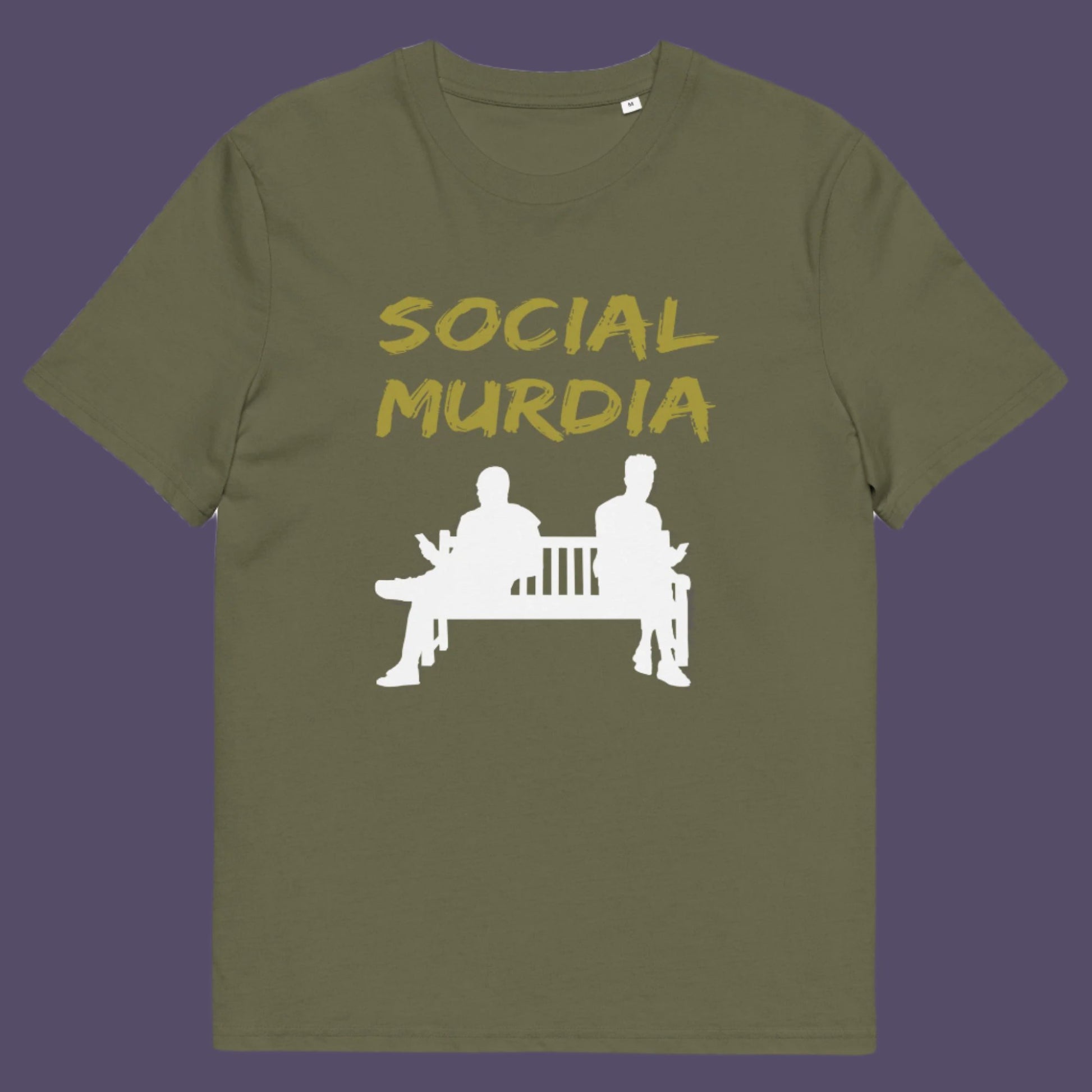 Khaki t-shirt. An anti-social media t-shirt arguing against the abuse of social media and mobile phones. The main aim of social media is to connect people, but it doesn't look like that from street level. This anti-mobile phone design suggests society is actually being murdered by media on mobiles. Made from 100% organic ring-spun cotton, this anti-social media t-shirt is unisex, high-quality, super comfy, and best of all, eco-friendly.
