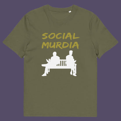 Khaki t-shirt. An anti-social media t-shirt arguing against the abuse of social media and mobile phones. The main aim of social media is to connect people, but it doesn't look like that from street level. This anti-mobile phone design suggests society is actually being murdered by media on mobiles. Made from 100% organic ring-spun cotton, this anti-social media t-shirt is unisex, high-quality, super comfy, and best of all, eco-friendly.