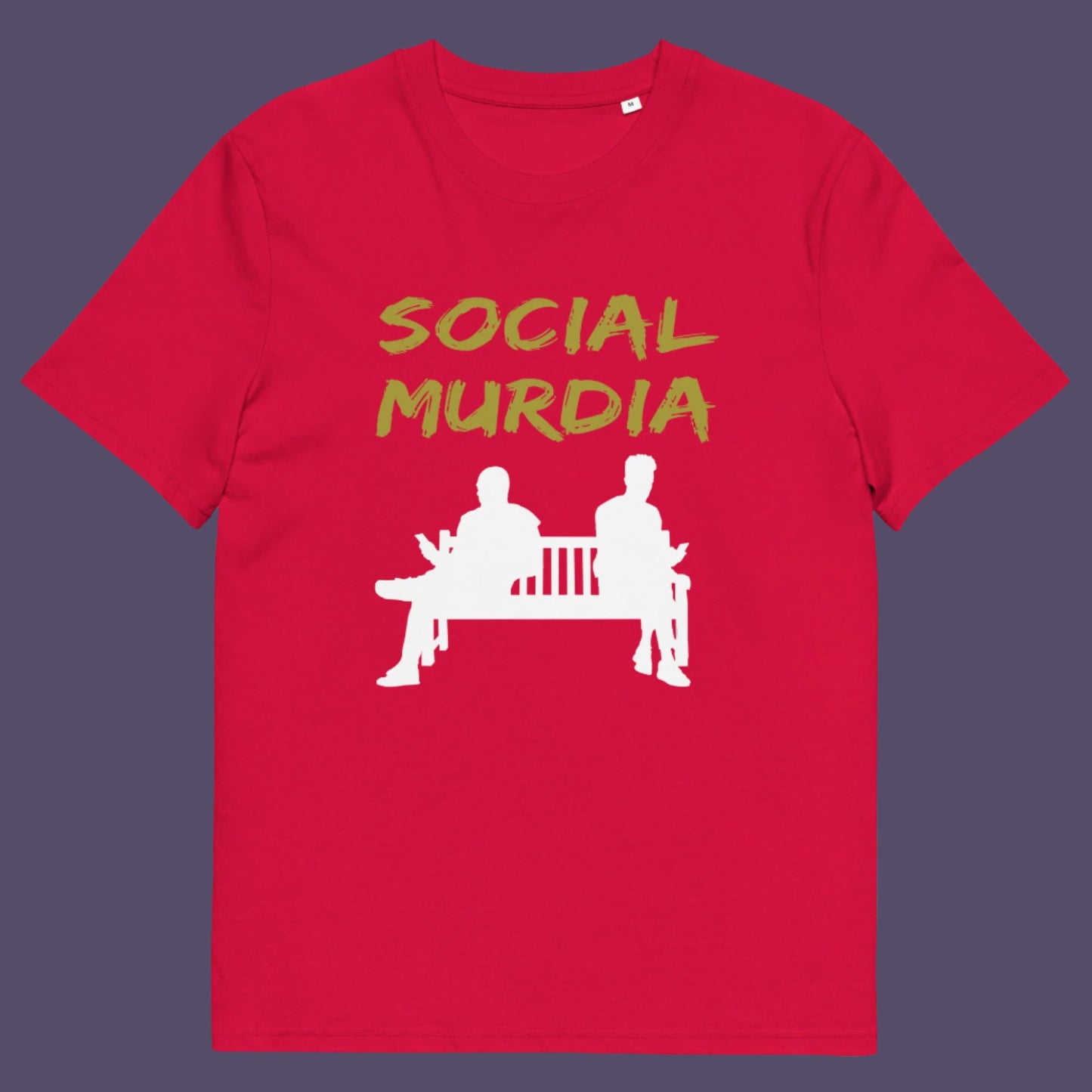 Red t-shirt. An anti-social media t-shirt arguing against the abuse of social media and mobile phones. The main aim of social media is to connect people, but it doesn't look like that from street level. This anti-mobile phone design suggests society is actually being murdered by media on mobiles. Made from 100% organic ring-spun cotton, this anti-social media t-shirt is unisex, high-quality, super comfy, and best of all, eco-friendly.