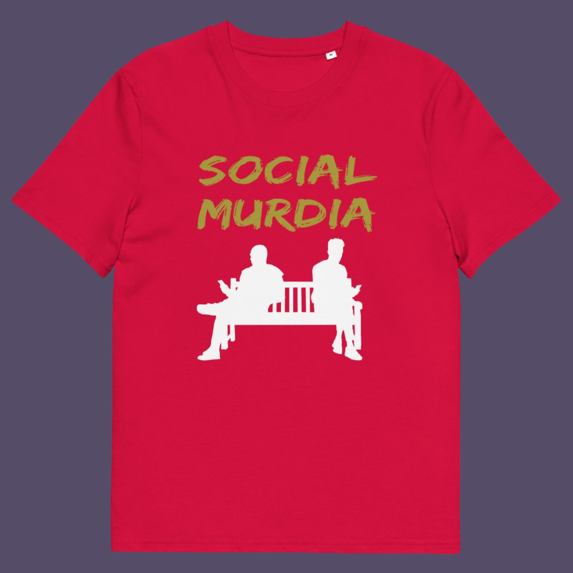 Red t-shirt. An anti-social media t-shirt arguing against the abuse of social media and mobile phones. The main aim of social media is to connect people, but it doesn't look like that from street level. This anti-mobile phone design suggests society is actually being murdered by media on mobiles. Made from 100% organic ring-spun cotton, this anti-social media t-shirt is unisex, high-quality, super comfy, and best of all, eco-friendly.
