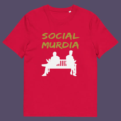 Red t-shirt. An anti-social media t-shirt arguing against the abuse of social media and mobile phones. The main aim of social media is to connect people, but it doesn't look like that from street level. This anti-mobile phone design suggests society is actually being murdered by media on mobiles. Made from 100% organic ring-spun cotton, this anti-social media t-shirt is unisex, high-quality, super comfy, and best of all, eco-friendly.