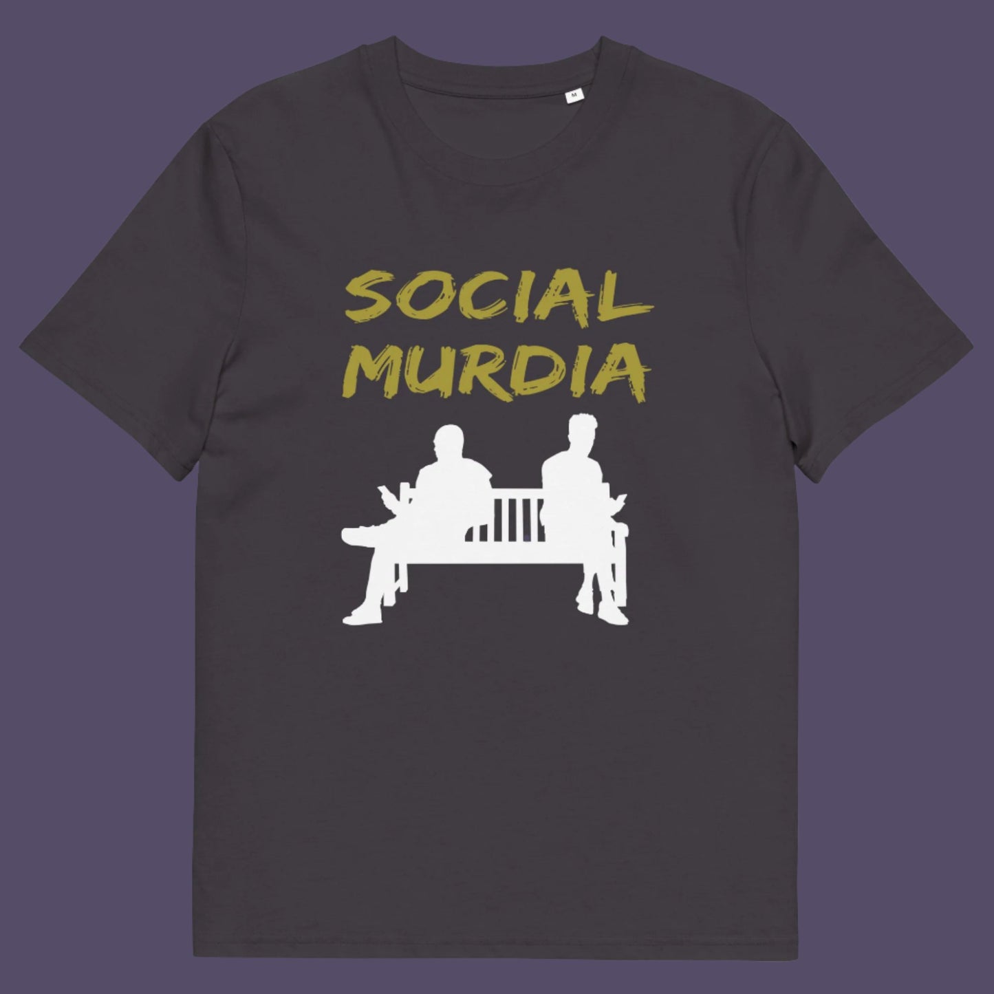 Anthracite t-shirt. An anti mobile phone abuse t shirt arguing against the abuse of social media and mobile phones. The main aim of social media is to connect people, but it doesn't look like that from street level. This anti-mobile phone design suggests society is actually being murdered by media on mobiles. Made from 100% organic ring-spun cotton, this anti social media t shirt is unisex, high-quality, super comfy, and best of all, eco-friendly.