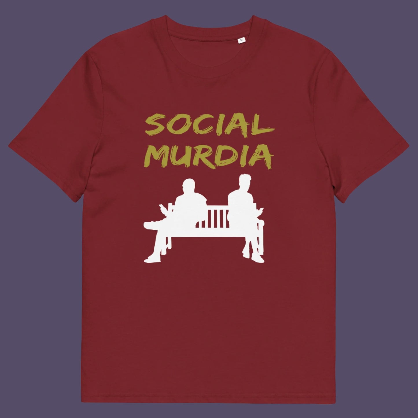 Burgundy t-shirt. An anti mobile phone abuse t shirt arguing against the abuse of social media and mobile phones. The main aim of social media is to connect people, but it doesn't look like that from street level. This anti-mobile phone design suggests society is actually being murdered by media on mobiles. Made from 100% organic ring-spun cotton, this anti social media t shirt is unisex, high-quality, super comfy, and best of all, eco-friendly.