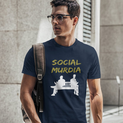 Man wearing a French navy t-shirt with 'SOCIAL MURDIA' text. An anti mobile phone abuse t shirt arguing against the abuse of social media and mobile phones. The main aim of social media is to connect people, but it doesn't look like that from street level. This anti-mobile phone design suggests society is actually being murdered by media on mobiles. Made from 100% organic ring-spun cotton, this anti social media t shirt is unisex, high-quality, super comfy, and best of all, eco-friendly.