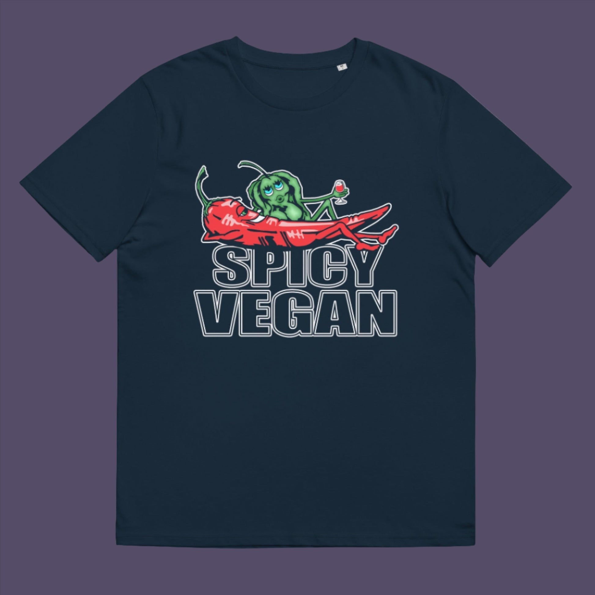 French navy t-shirt. A plant based vegan t-shirt design for all you chilli loving spicy vegans out there. Spicy up your wardrobe with this unique funny plant based t-shirt, Made from 100% organic ring-spun cotton, this funny vegan t-shirt is unisex, high-quality, super comfy, and best of all, eco-friendly.