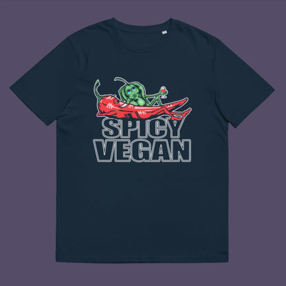 French navy t-shirt. A plant based vegan t-shirt design for all you chilli loving spicy vegans out there. Spicy up your wardrobe with this unique funny plant based t-shirt, Made from 100% organic ring-spun cotton, this funny vegan t-shirt is unisex, high-quality, super comfy, and best of all, eco-friendly.