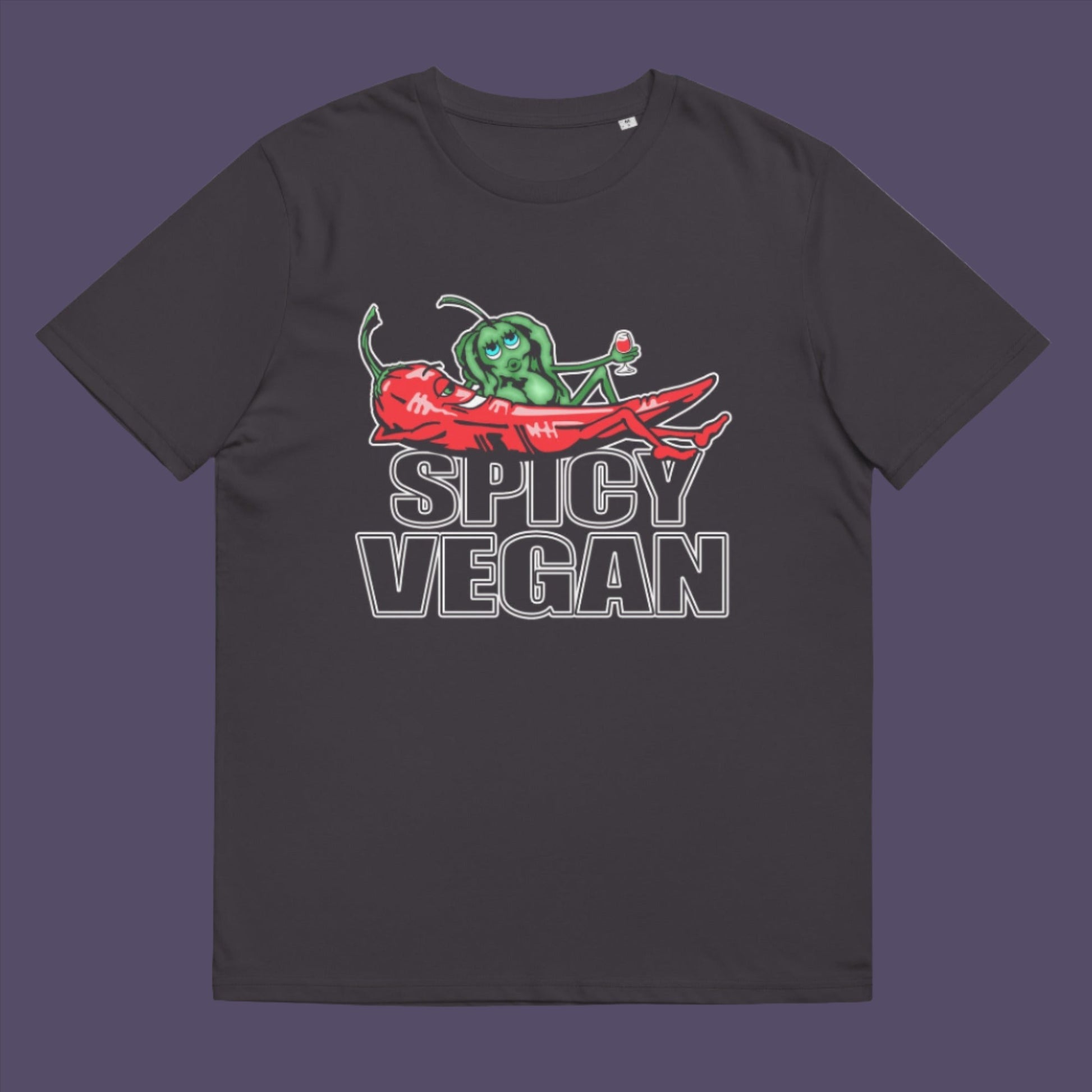 Anthracite t-shirt. A vegan dairy free t shirt design for all you chilli loving spicy vegans out there. Spicy up your wardrobe with this unique funny plant based t-shirt, Made from 100% organic ring-spun cotton, this funny meat free t shirt is unisex, high-quality, super comfy, and best of all, eco-friendly.