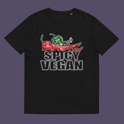 Black t-shirt. A vegan dairy free t shirt design for all you chilli loving spicy vegans out there. Spicy up your wardrobe with this unique funny plant based t-shirt, Made from 100% organic ring-spun cotton, this funny meat free t shirt is unisex, high-quality, super comfy, and best of all, eco-friendly.