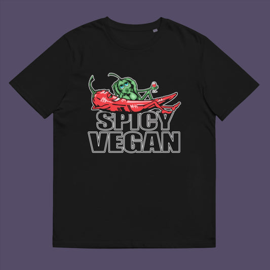 Black t-shirt. A vegan dairy free t shirt design for all you chilli loving spicy vegans out there. Spicy up your wardrobe with this unique funny plant based t-shirt, Made from 100% organic ring-spun cotton, this funny meat free t shirt is unisex, high-quality, super comfy, and best of all, eco-friendly.