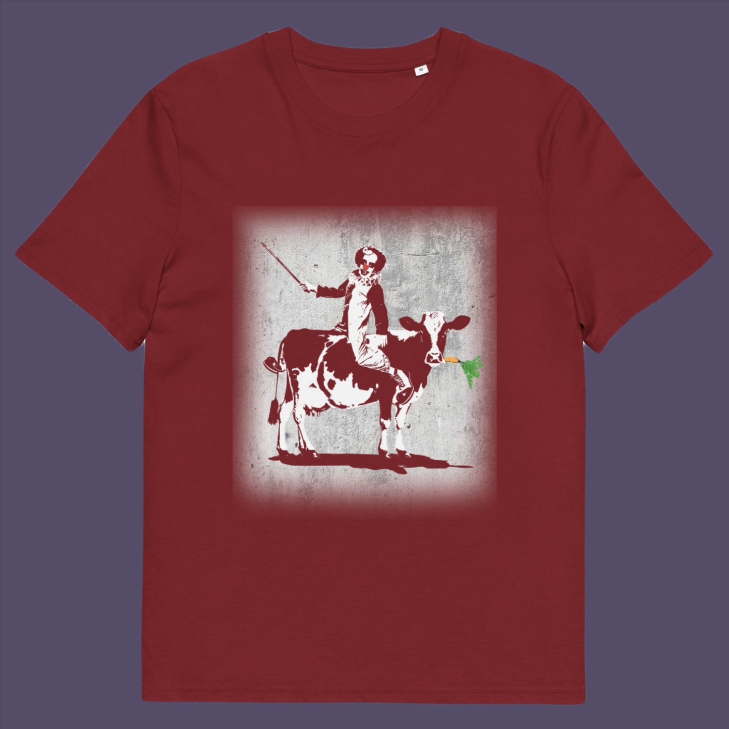 Burgundy t-shirt. A graffiti Banksy style t-shirt. A metaphor for a system of motivation. The 'stick or carrot' argument portrayed in a street art stencil design. Made from 100% organic ring-spun cotton, this underground art t-shirt is unisex, high-quality, super comfy, and best of all, eco-friendly.