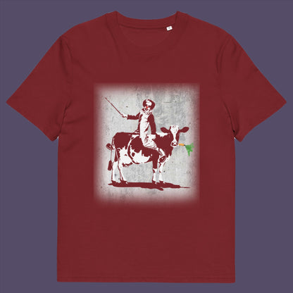 Burgundy t-shirt. A graffiti Banksy style t-shirt. A metaphor for a system of motivation. The 'stick or carrot' argument portrayed in a street art stencil design. Made from 100% organic ring-spun cotton, this underground art t-shirt is unisex, high-quality, super comfy, and best of all, eco-friendly.
