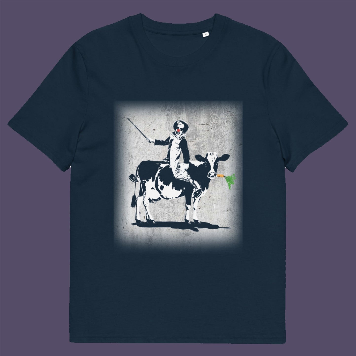 French navy t-shirt. A graffiti Banksy style t-shirt. A metaphor for a system of motivation. The 'stick or carrot' argument portrayed in a street art stencil design. Made from 100% organic ring-spun cotton, this underground art t-shirt is unisex, high-quality, super comfy, and best of all, eco-friendly.