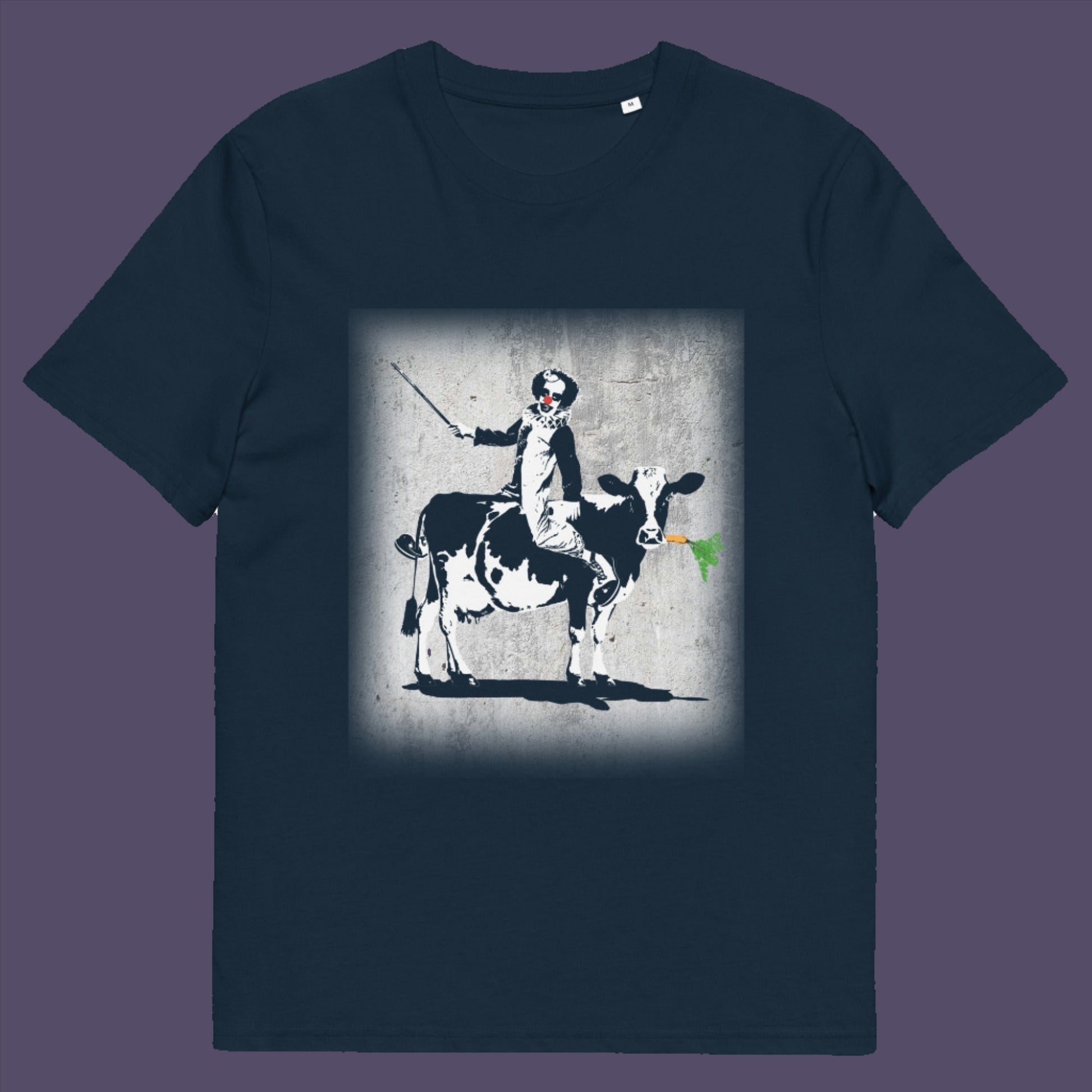 French navy t-shirt. A graffiti Banksy style t-shirt. A metaphor for a system of motivation. The 'stick or carrot' argument portrayed in a street art stencil design. Made from 100% organic ring-spun cotton, this underground art t-shirt is unisex, high-quality, super comfy, and best of all, eco-friendly.