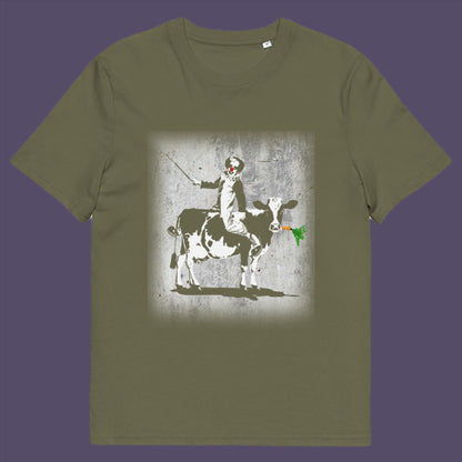 Khaki t-shirt. A graffiti Banksy style t-shirt. A metaphor for a system of motivation. The 'stick or carrot' argument portrayed in a street art stencil design. Made from 100% organic ring-spun cotton, this underground art t-shirt is unisex, high-quality, super comfy, and best of all, eco-friendly.