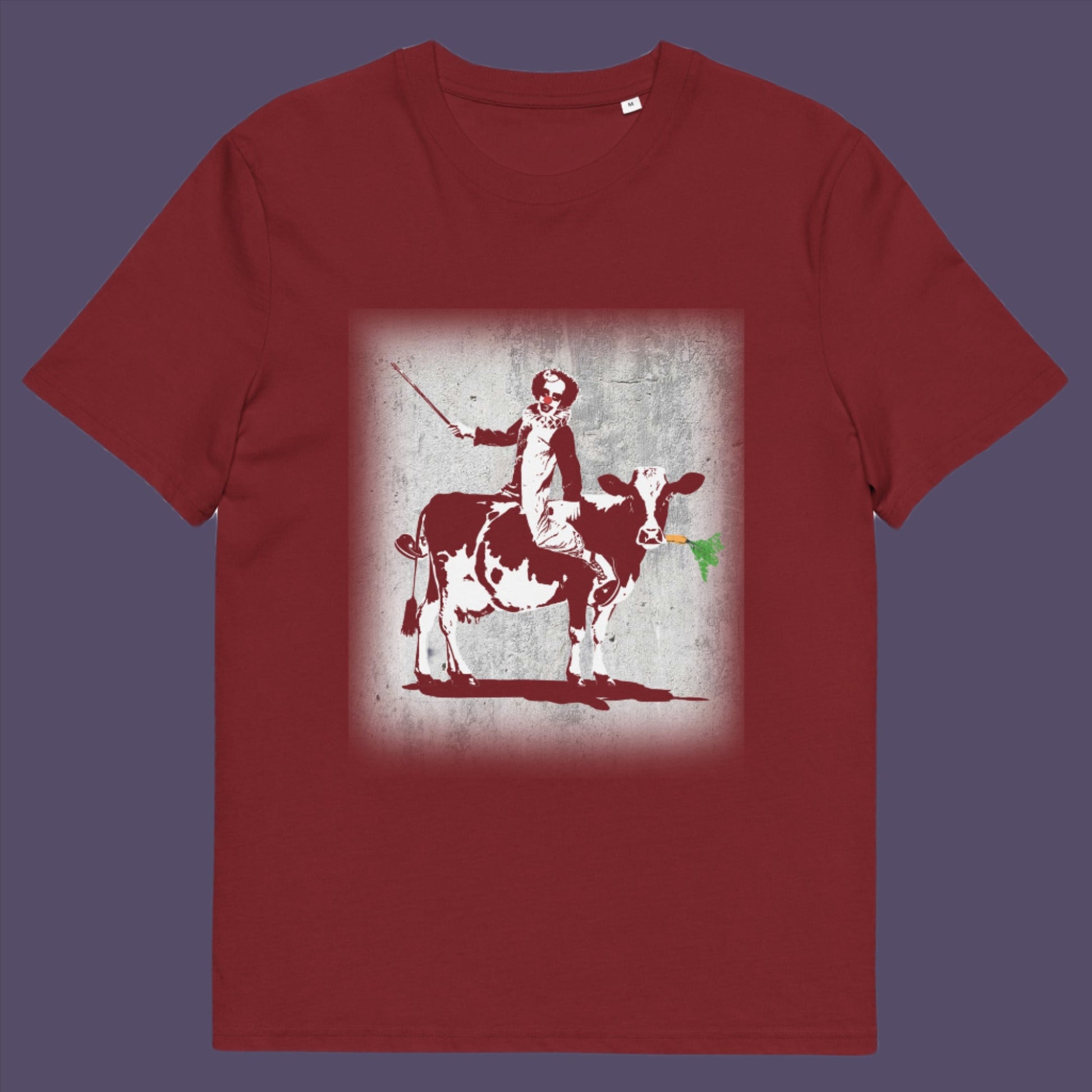 Burgundy t-shirt. A stencil graffiti t shirt. A metaphor for a system of motivation. The 'stick or carrot' argument portrayed in a street art stencil design. Made from 100% organic ring-spun cotton, this urban art t shirt is unisex, high-quality, super comfy, and best of all, eco-friendly.