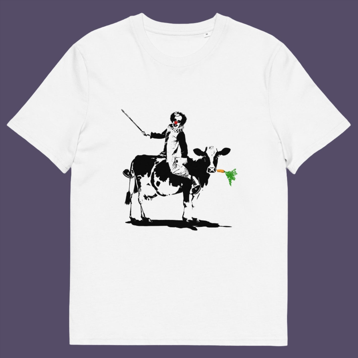 White t-shirt. A stencil graffiti t shirt. A metaphor for a system of motivation. The 'stick or carrot' argument portrayed in a street art stencil design. Made from 100% organic ring-spun cotton, this urban art t shirt is unisex, high-quality, super comfy, and best of all, eco-friendly.