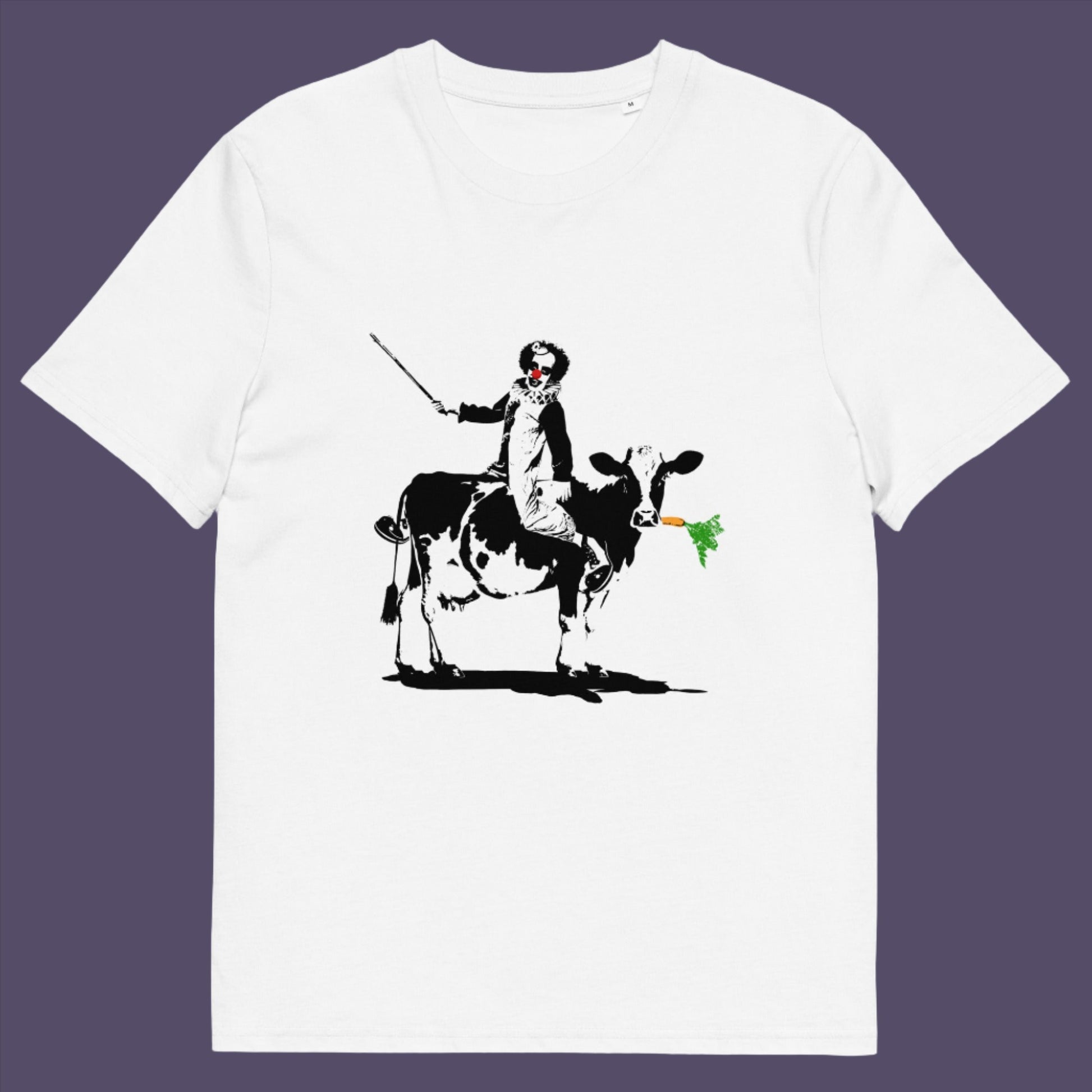 White t-shirt. A stencil graffiti t shirt. A metaphor for a system of motivation. The 'stick or carrot' argument portrayed in a street art stencil design. Made from 100% organic ring-spun cotton, this urban art t shirt is unisex, high-quality, super comfy, and best of all, eco-friendly.