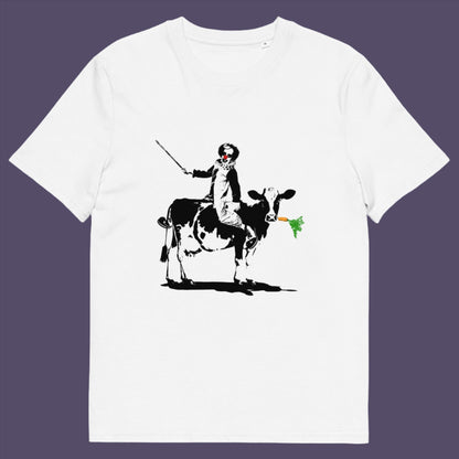 White t-shirt. A stencil graffiti t shirt. A metaphor for a system of motivation. The 'stick or carrot' argument portrayed in a street art stencil design. Made from 100% organic ring-spun cotton, this urban art t shirt is unisex, high-quality, super comfy, and best of all, eco-friendly.