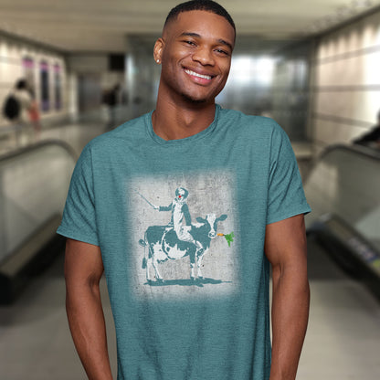 Man wearing a stargazer t-shirt with a graphic design in an indoor setting. A stencil graffiti t shirt. A metaphor for a system of motivation. The 'stick or carrot' argument portrayed in a street art stencil design. Made from 100% organic ring-spun cotton, this urban art t shirt is unisex, high-quality, super comfy, and best of all, eco-friendly.