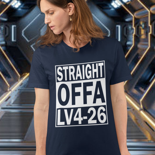 Person wearing a French navy blue t-shirt with 'STRAIGHT OFFA LV4-26' text in a futuristic setting. This 'Alien' the movie t-shirt is subtle and loud at the same time' A design for fans of N.W.A and Alien movie lovers. Made from 100% organic ring-spun cotton, this witty sci-fi t-shirt is unisex, high-quality, super comfy, and best of all, eco-friendly.