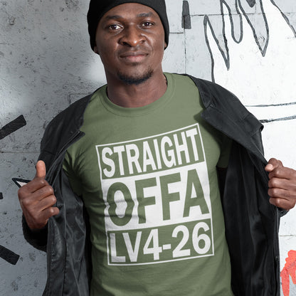 Man wearing a khaki t-shirt with text, standing against a graffiti-covered wall. This 'Alien' the movie t-shirt is subtle and loud at the same time' A design for fans of N.W.A and Alien movie lovers. Made from 100% organic ring-spun cotton, this witty sci-fi t-shirt is unisex, high-quality, super comfy, and best of all, eco-friendly.