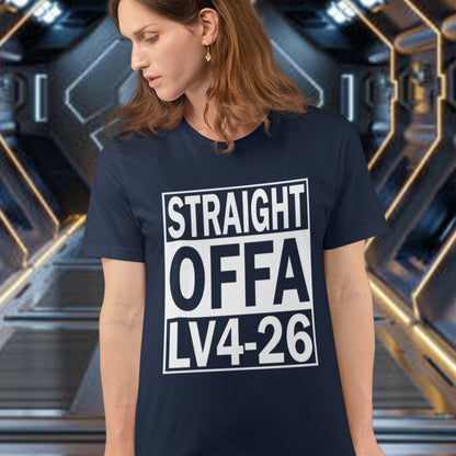 Person wearing a French navy blue t-shirt with 'STRAIGHT OFFA LV4-26' text in a futuristic setting. This funny alien t shirt is subtle and loud at the same time. A design for fans of N.W.A and Alien movie lovers. Made from 100% organic ring-spun cotton, this cool sci fi t shirt is unisex, high quality, super comfy, and best of all, eco-friendly.