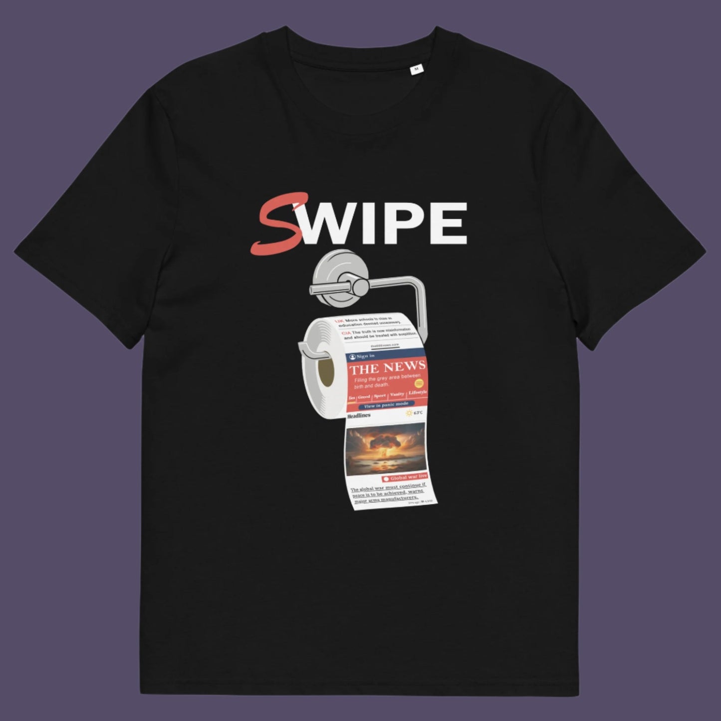 Black t shirt. This anti media, non conformist t shirt design is a light hearted joke for everyone who considerably doubts the accuracy of information being provided by the mainstream media What's your next thought after reading mainstream news these days ? Made from 100% organic ring-spun cotton, this social awareness t shirt is unisex, high-quality, super comfy, and best of all, eco-friendly.