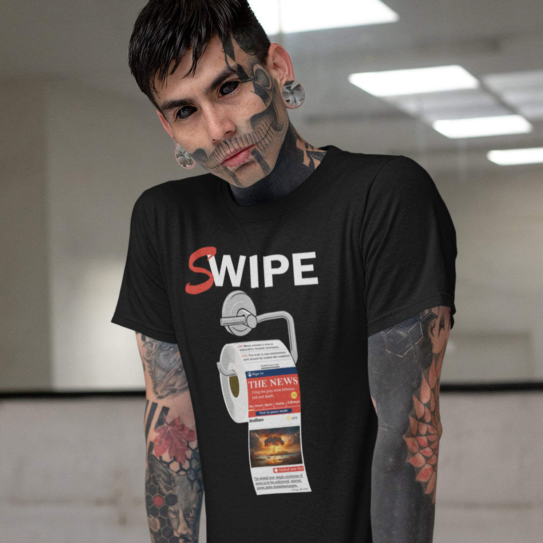 Person wearing a black t-shirt with 'SWIPE' design in an indoor setting. This anti media, non conformist t shirt design is a light hearted joke for everyone who considerably doubts the accuracy of information being provided by the mainstream media What's your next thought after reading mainstream news these days ? Made from 100% organic ring-spun cotton, this social awareness t shirt is unisex, high-quality, super comfy, and best of all, eco-friendly.