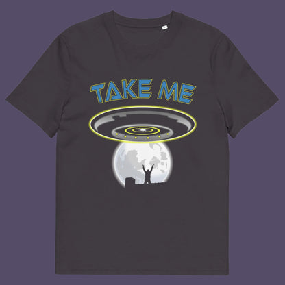 Anthracite t-shirt. This funny alien abduction t-shirt is a must for everyone who feels they have you had enough of this planet or, more to the point, the human race. Do you sometimes think you would be better off being abducted ? Made from 100% organic ring-spun cotton, this funny sci fi t-shirt is unisex, high-quality, super comfy, and best of all, eco-friendly.