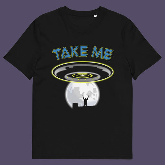 Black t-shirt. This funny alien abduction t-shirt is a must for everyone who feels they have you had enough of this planet or, more to the point, the human race. Do you sometimes think you would be better off being abducted ? Made from 100% organic ring-spun cotton, this funny sci fi t-shirt is unisex, high-quality, super comfy, and best of all, eco-friendly.