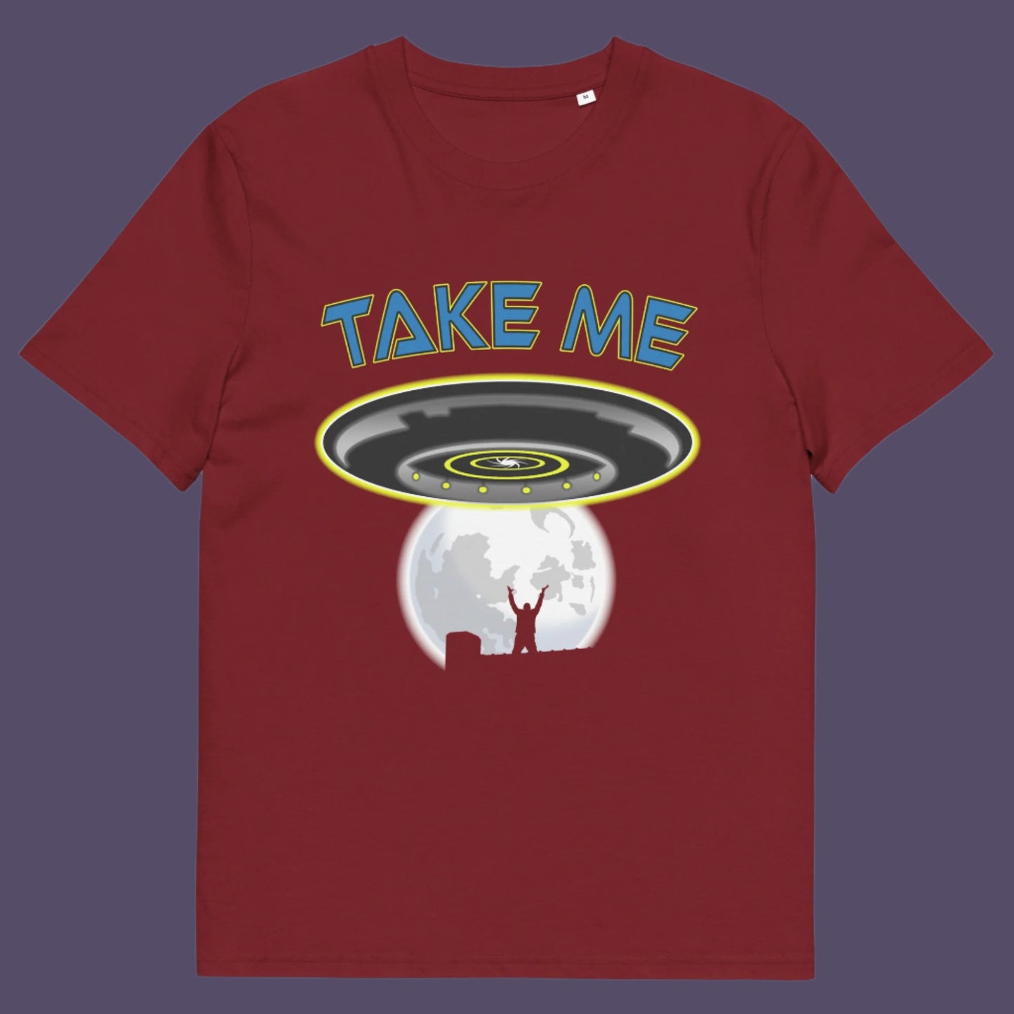Burgundy t-shirt. This funny alien abduction t-shirt is a must for everyone who feels they have you had enough of this planet or, more to the point, the human race. Do you sometimes think you would be better off being abducted ? Made from 100% organic ring-spun cotton, this funny sci fi t-shirt is unisex, high-quality, super comfy, and best of all, eco-friendly.