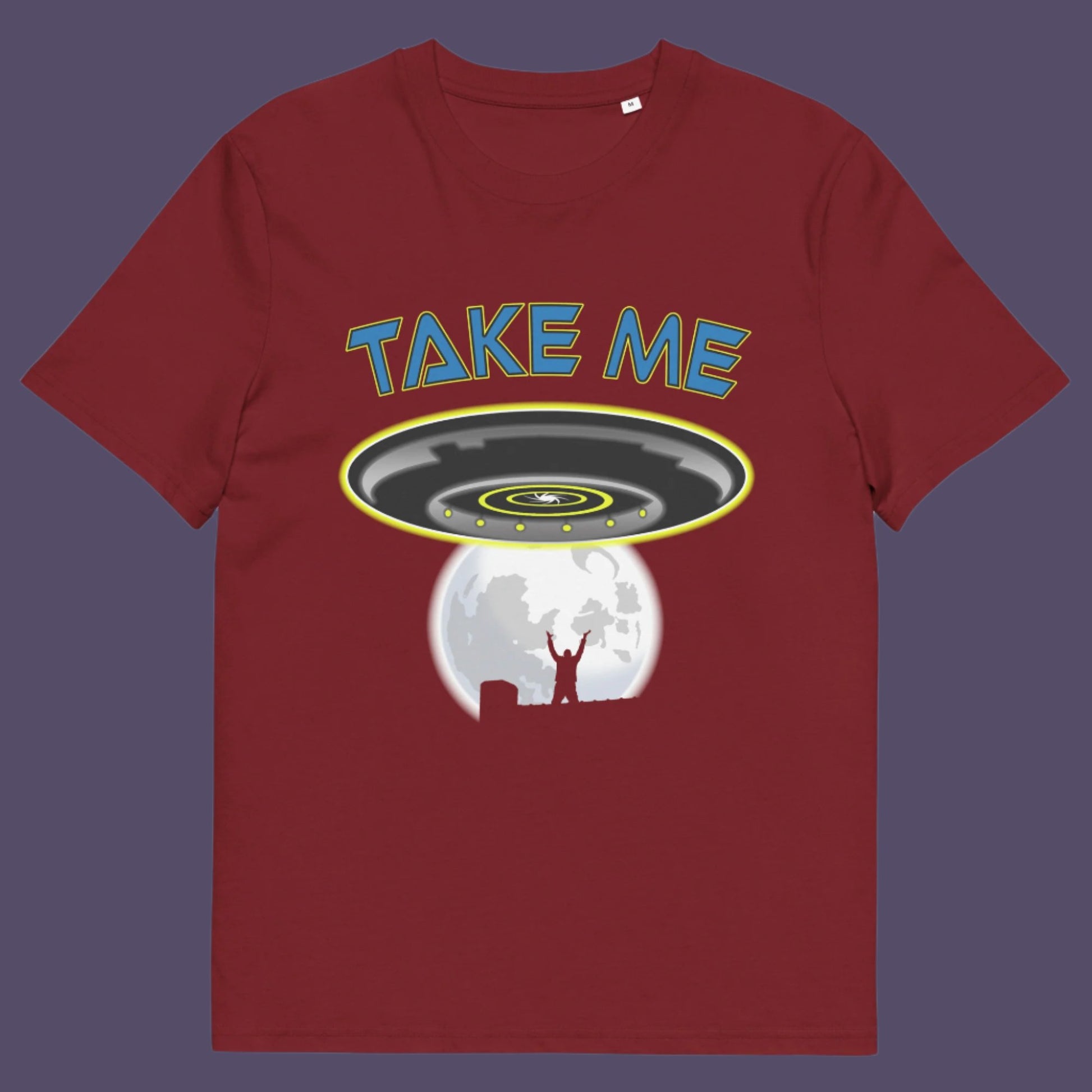 Burgundy t-shirt. This funny alien abduction t-shirt is a must for everyone who feels they have you had enough of this planet or, more to the point, the human race. Do you sometimes think you would be better off being abducted ? Made from 100% organic ring-spun cotton, this funny sci fi t-shirt is unisex, high-quality, super comfy, and best of all, eco-friendly.